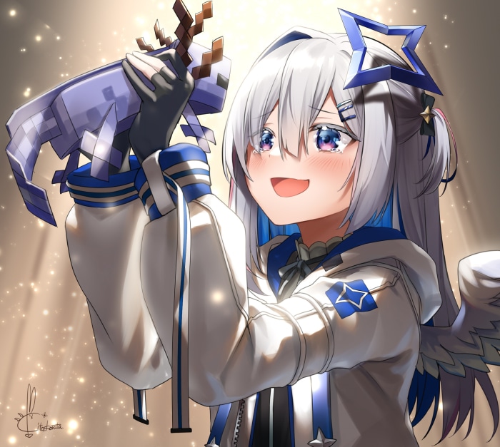 Amane Kanata from Hololive holding a blue axolotl