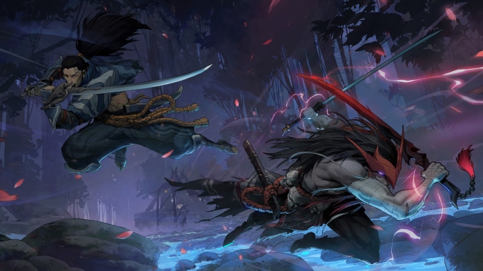 Yasuo and Yone from League of Legends fighting