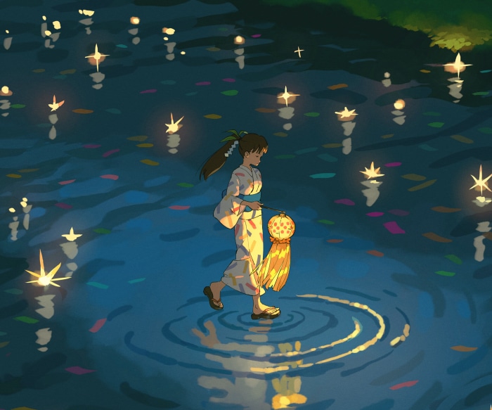 Girl in Kimono Walking in Water with Lanterns