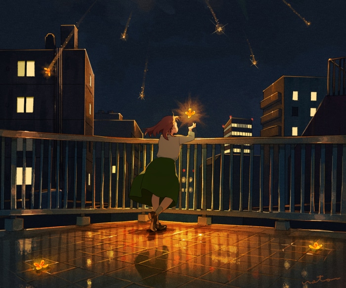 Girl on a rooftop at night with glowing butterflies