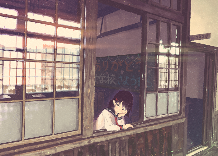 Girl in school uniform looking out a window