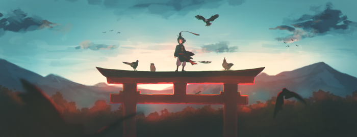 Boy standing on Torii gate with birds