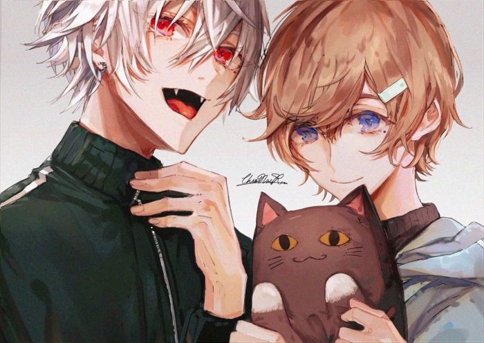 Kuzuha and Kanae from Nijisanji with a cat plush