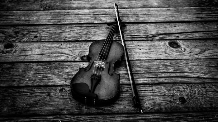 Violin and Bow on Wooden Surface