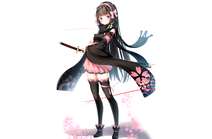 Anime girl with katana and pink cherry blossoms