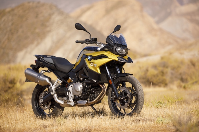 BMW F 750 GS motorcycle in a dry, hilly landscape