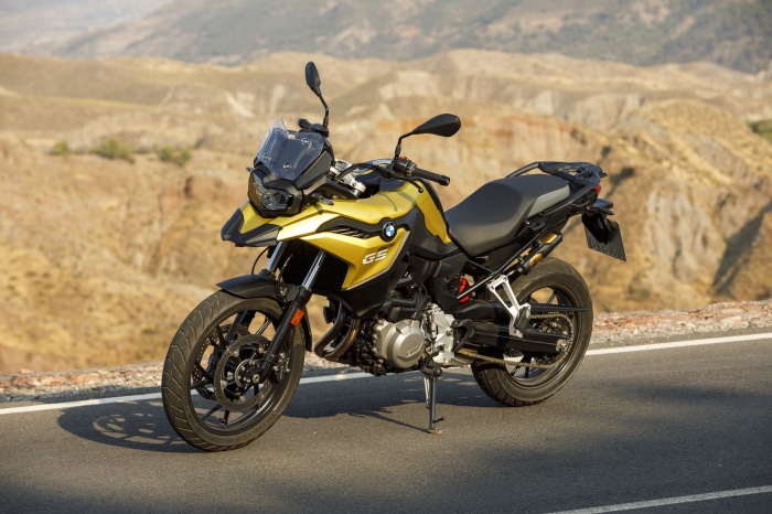 BMW F 750 GS motorcycle in a desert landscape