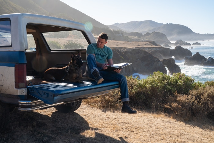 Channing Tatum and dog by the ocean