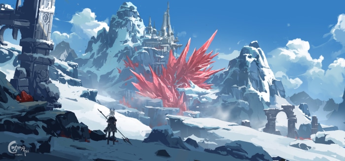 Woman warrior in snowy mountains with red crystals