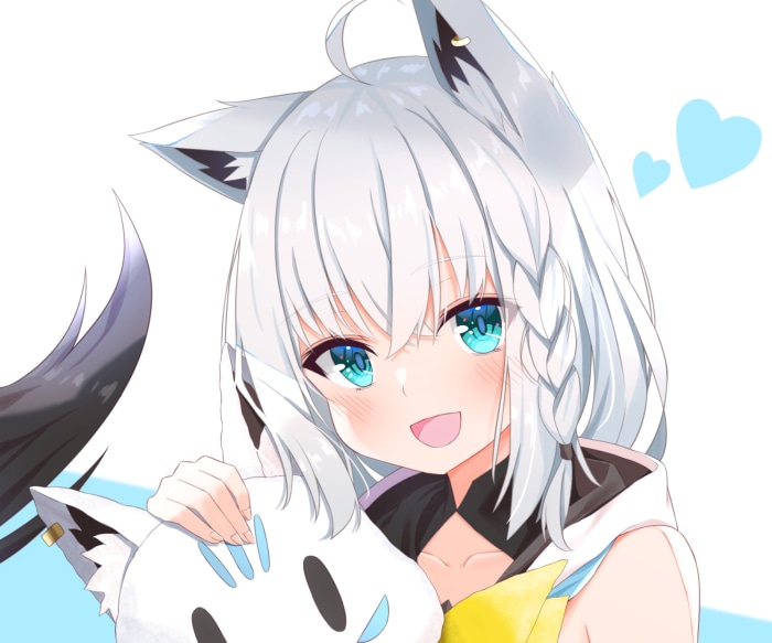 Shirakami Fubuki from Hololive holding a plush toy