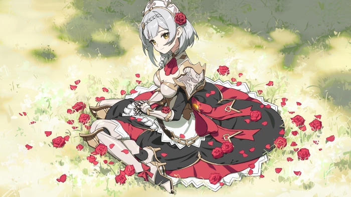 Noelle from Genshin Impact sitting in a field of roses