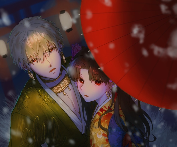 Gilgamesh and Rin Tohsaka under an umbrella
