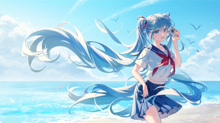 Hatsune Miku from Vocaloid on a beach