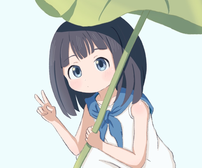 Komichi Akebi holding a leaf as an umbrella