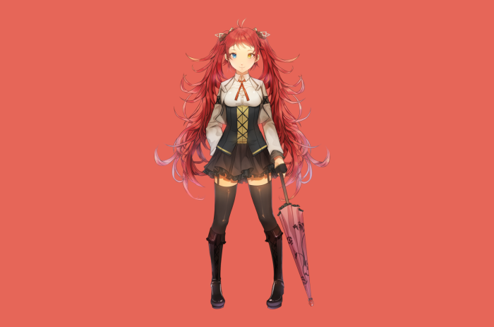 Anime girl with red hair and heterochromia holding umbrella