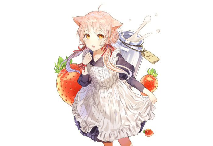 Anime girl with cat ears and strawberries
