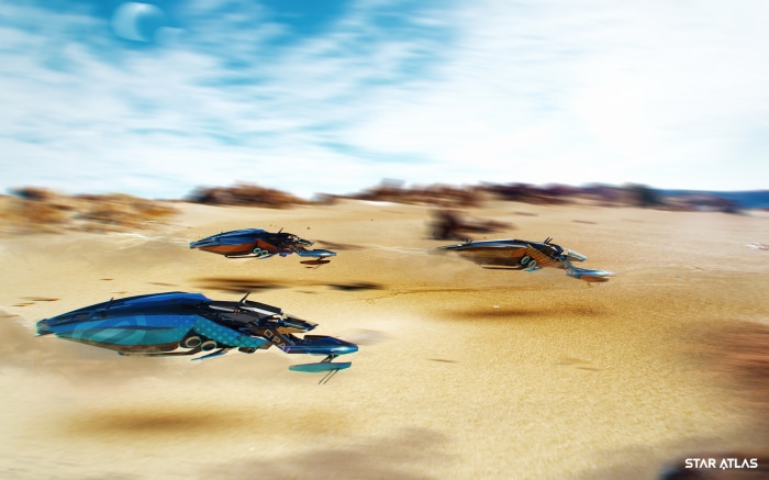 Star Atlas spaceships flying over a desert planet