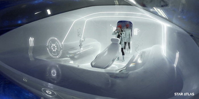 Star Atlas spaceship interior with two people
