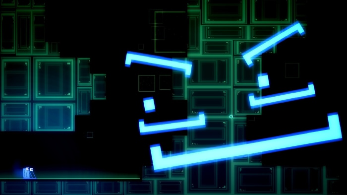 Will You Snail? abstract blue shapes and green grid