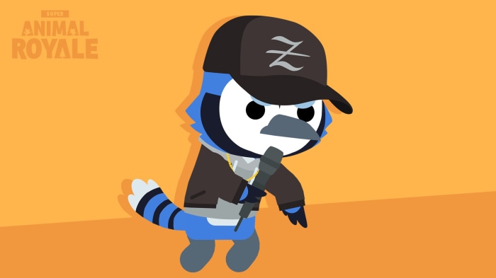 Blue Jay from Super Animal Royale wearing a baseball cap and holding a microphone