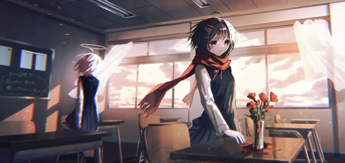 Two girls in a classroom at sunset