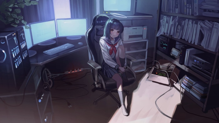 Girl in school uniform in a room with computers