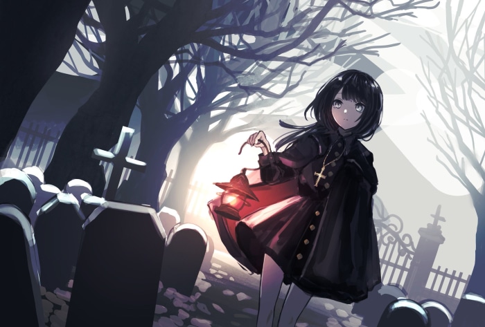Girl with lantern in a cemetery