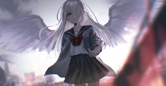 Angel girl in school uniform with wings