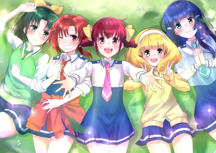 Five girls from Smile Precure! lying on grass