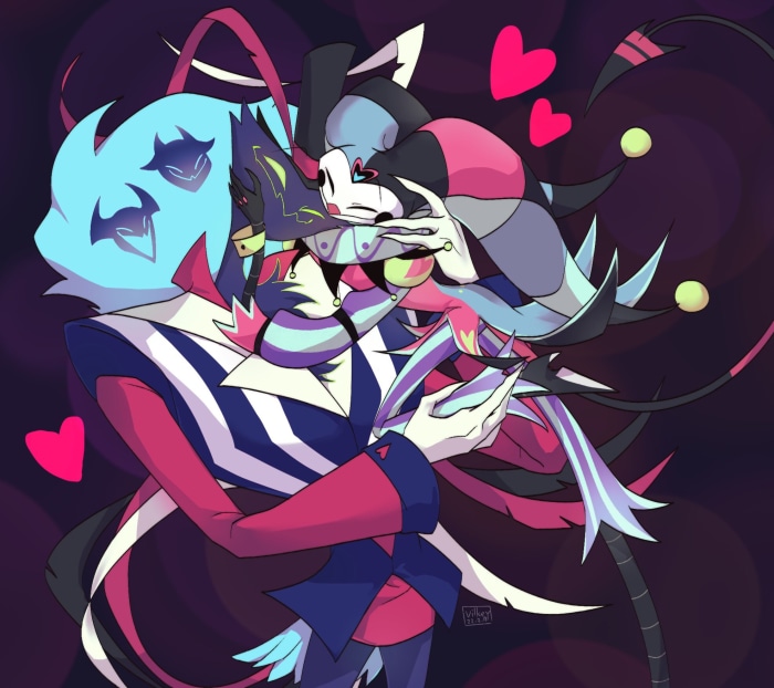 Fizzarolli and Asmodeus from Helluva Boss Embrace