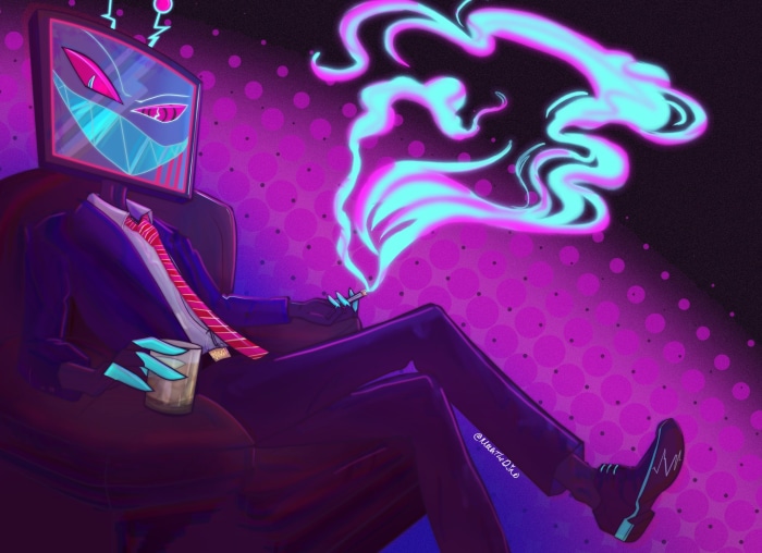 Vox from Hazbin Hotel smoking and drinking