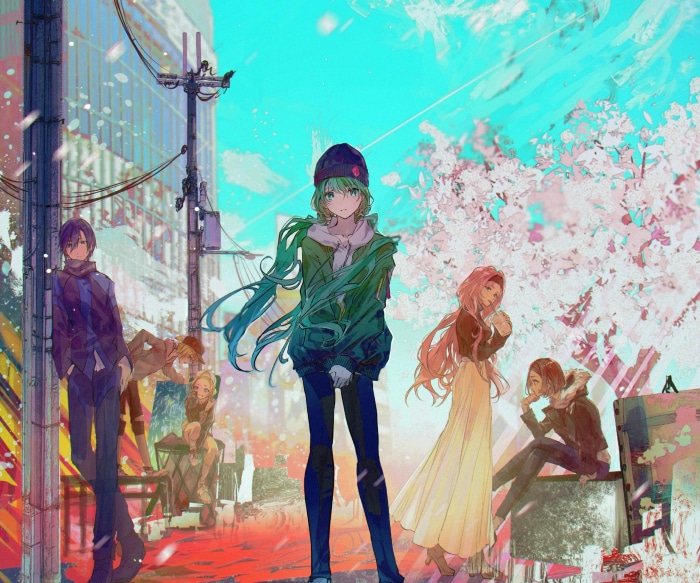 Anime characters in a city street with cherry blossoms