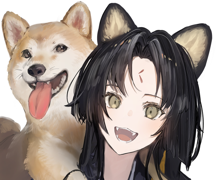 Saga from Arknights with a Shiba Inu