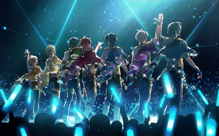 IDOLiSH7 characters performing on stage with glowing sticks