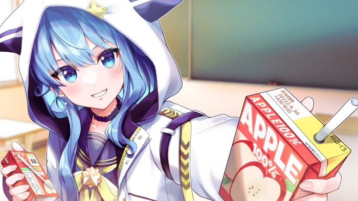 Hoshimachi Suisei from Hololive holding apple juice