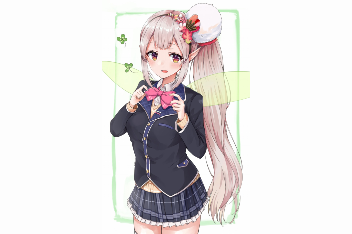 Elf girl in school uniform with pink bow