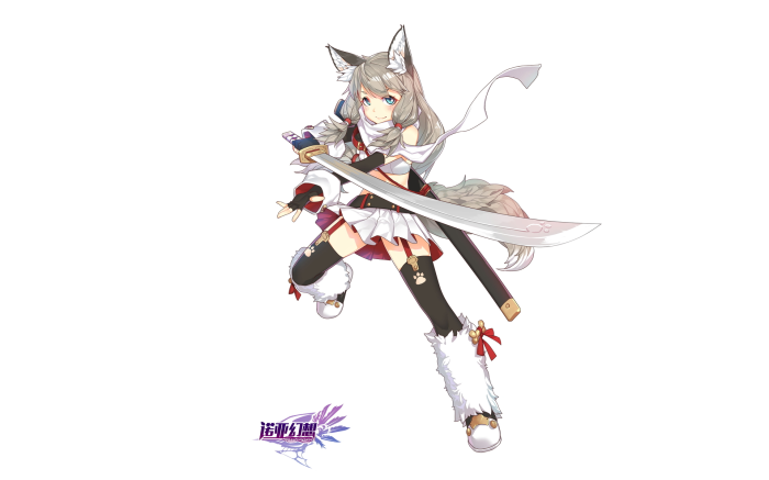 Anime girl with wolf ears and tail holding a sword