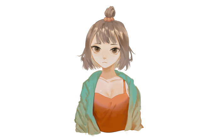 Girl with short brown hair and orange dress