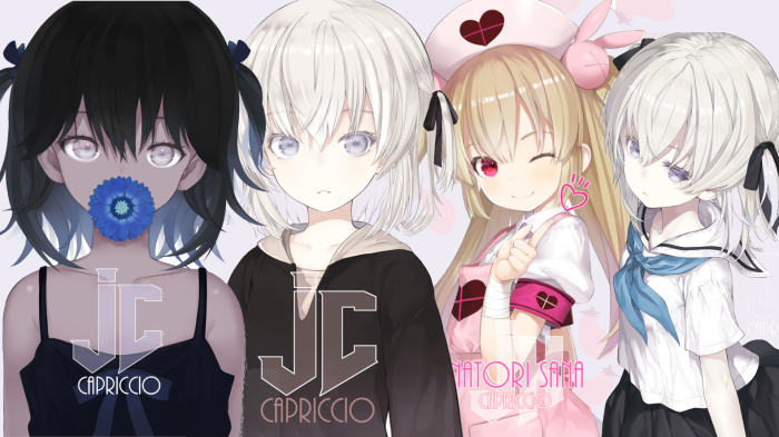 Four anime girls with different hairstyles and outfits
