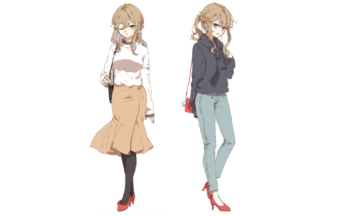 Two anime girls in casual outfits