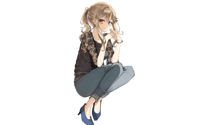 Anime girl with blonde hair wearing black lace top and jeans