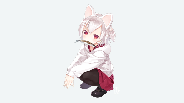 Anime girl with cat ears holding a fish in her mouth
