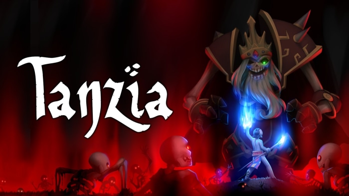 Tanzia game title with skeleton king and warrior