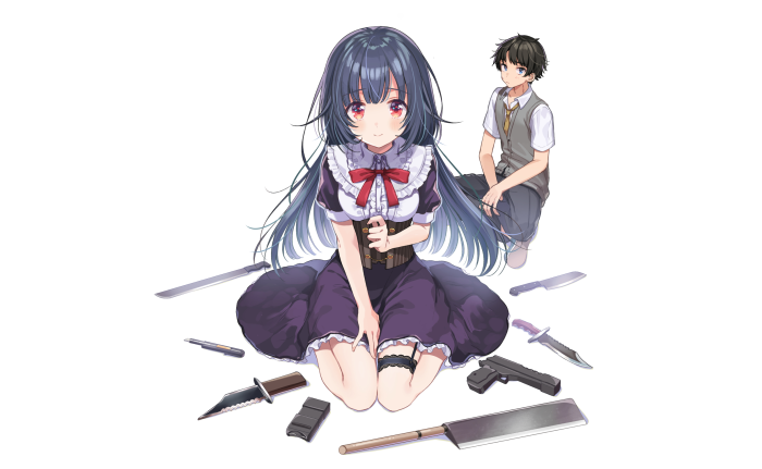 Girl with knives and gun and boy
