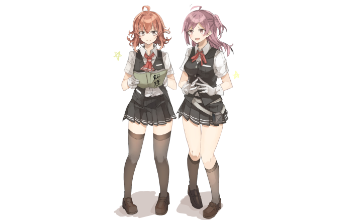 Two anime girls in school uniforms holding a book