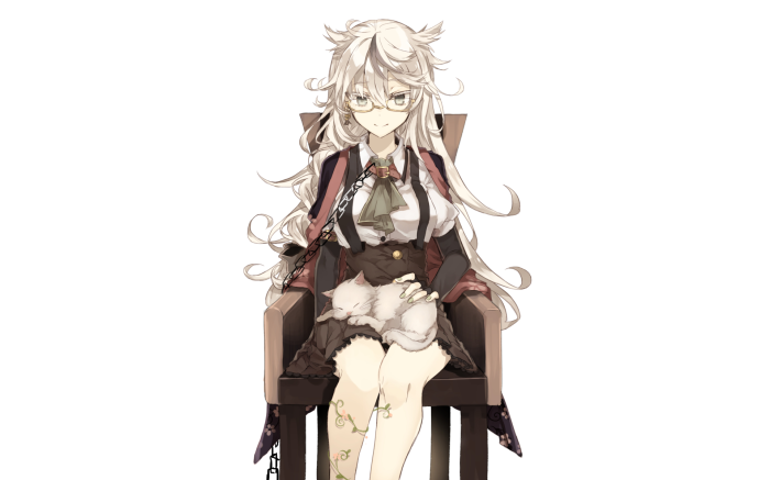 Girl with glasses and a cat sitting on a chair