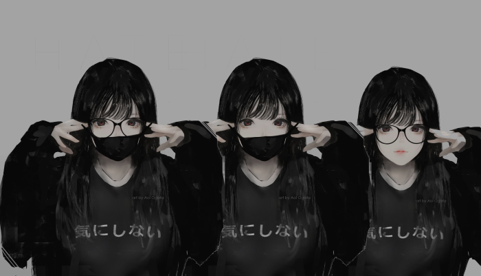 Three anime girls with black hair and glasses