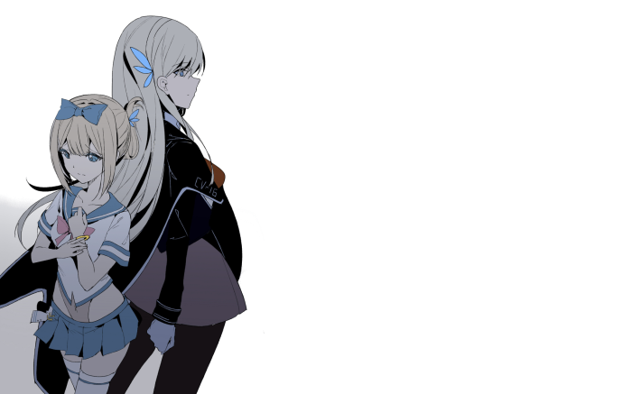 Two anime girls, one in a sailor uniform, the other in a black jacket