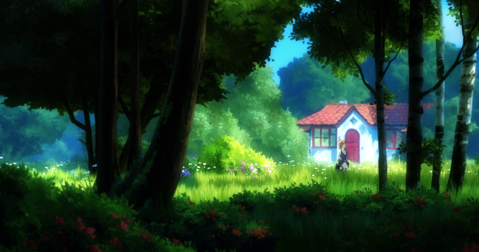 Girl in a forest near a house