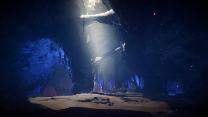 Cave interior with light beams